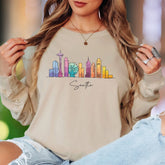 "Seattle" | Minimal Skyline Unisex Adult Long Sleeve T-Shirt | Colorful Cityscape
