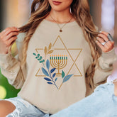 "Menorah & Star of David" | Floral Hanukkah Unisex Adult Long Sleeve T-Shirt | Festive Heritage