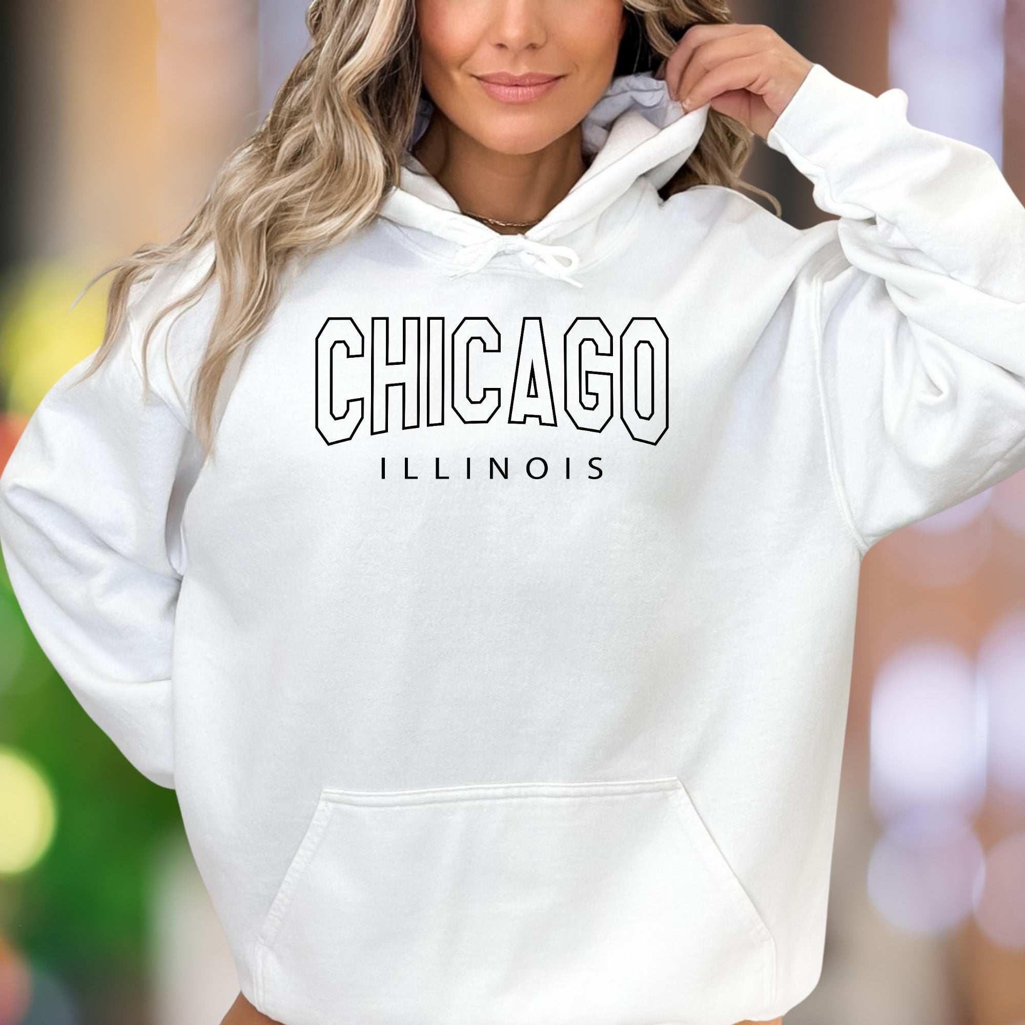 "CHICAGO ILLINOIS" | Outline Typography Unisex Adult Hoodie | Urban Lifestyle