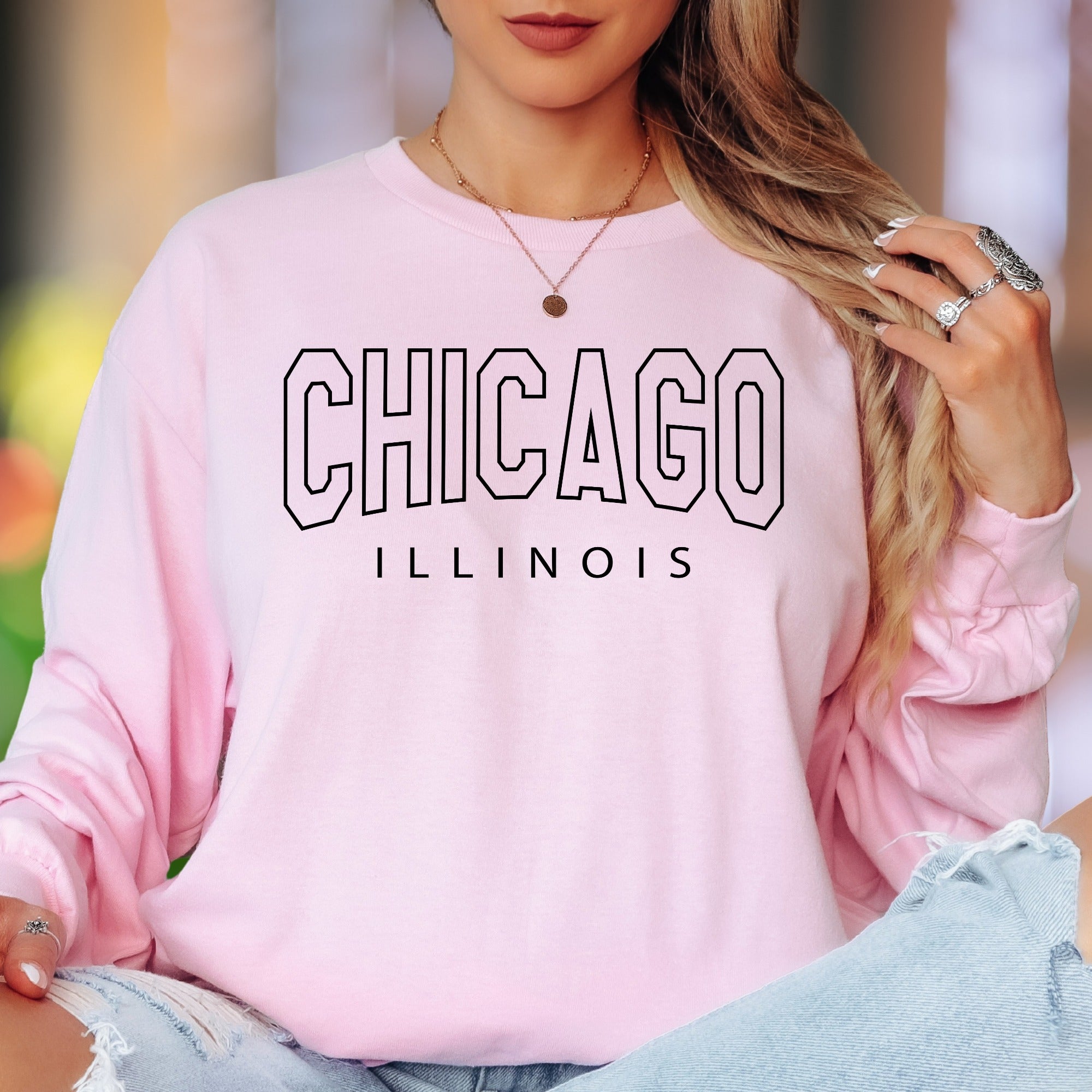 "CHICAGO ILLINOIS" | Retro College Typography Unisex Adult Long Sleeve T-Shirt | City Lifestyle Apparel
