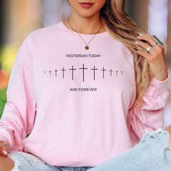 "Yesterday, Today And Forever" | Minimalist Crosses Unisex Adult Long Sleeve T-Shirt | Faith-Inspired Lifestyle