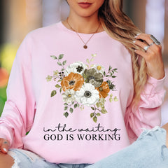 "In The Waiting, God Is Working" | Floral Typography Unisex Adult Long Sleeve T-Shirt | Inspirational Faithwear