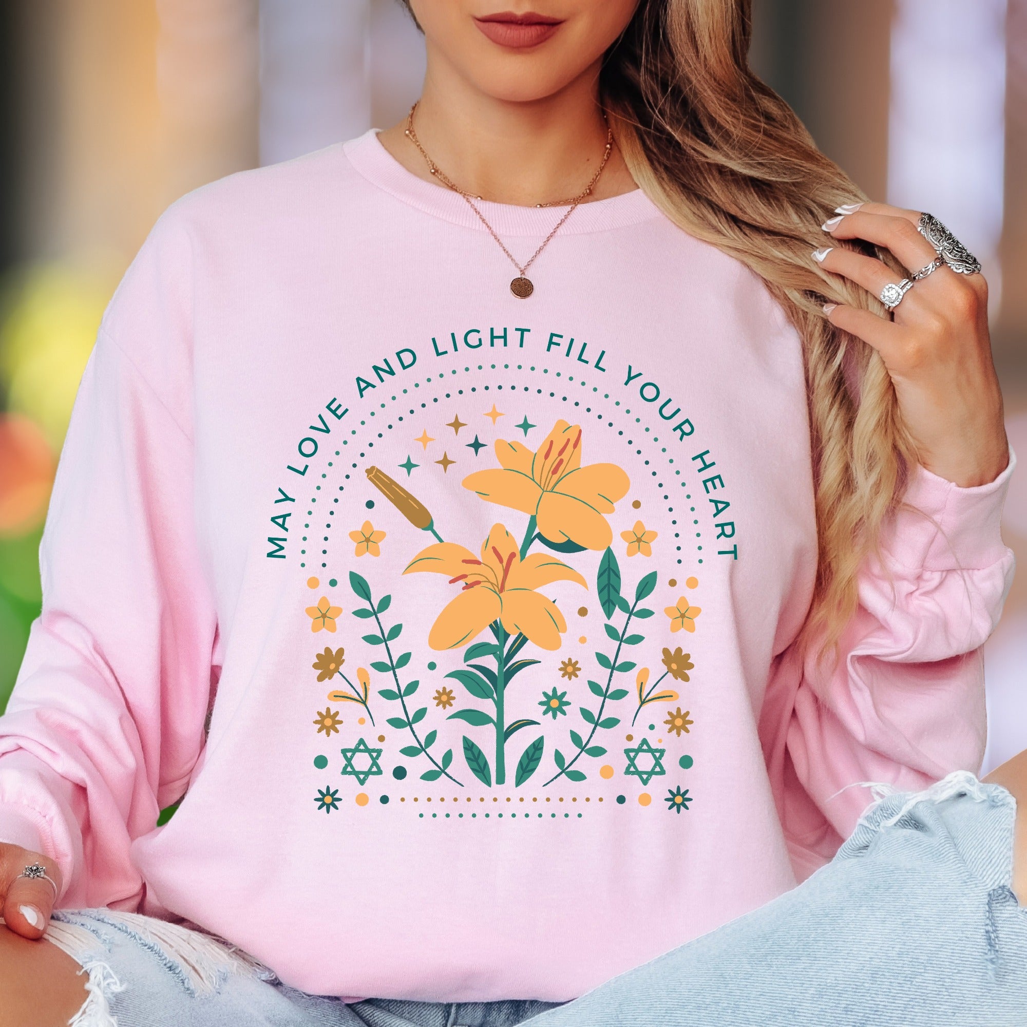 "May Love and Light Fill Your Heart" | Floral Motif Unisex Adult Long Sleeve T-Shirt | Positive Affirmation
