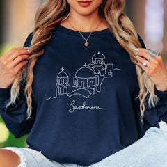 "Santorini" | Minimal Line Art Unisex Adult Long Sleeve T-Shirt | Travel & Lifestyle