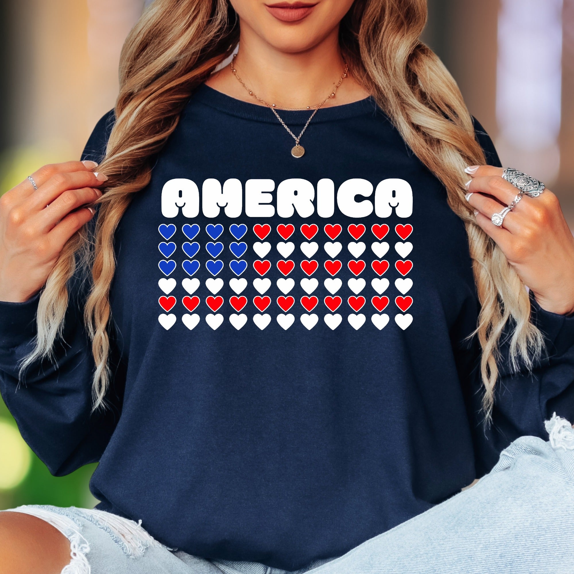 "AMERICA" | Patriotic Heart Grid Unisex Adult Long Sleeve T-Shirt | Heritage Pride