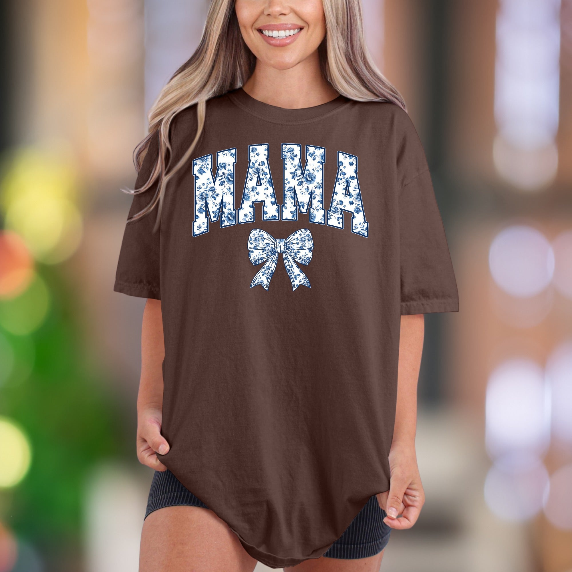 "MAMA" Floral Bow | Comfort Colors Unisex Adult T-Shirt | Chinoiserie Style