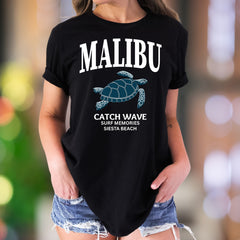 "MALIBU Catch Wave Surf Memories Siesta Beach" | Retro Island Graphic Unisex Adult T-Shirt | Beach Lifestyle