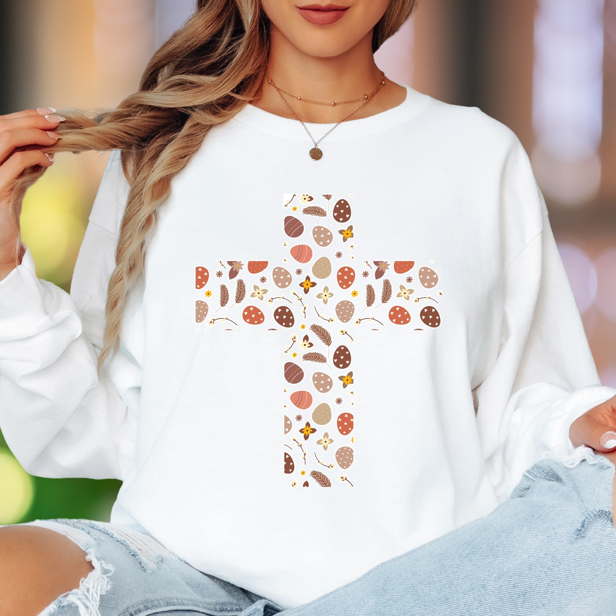 Easter Floral Egg Cross Long Sleeve Tee - Christian Spring Faith Adult Unisex T-Shirt