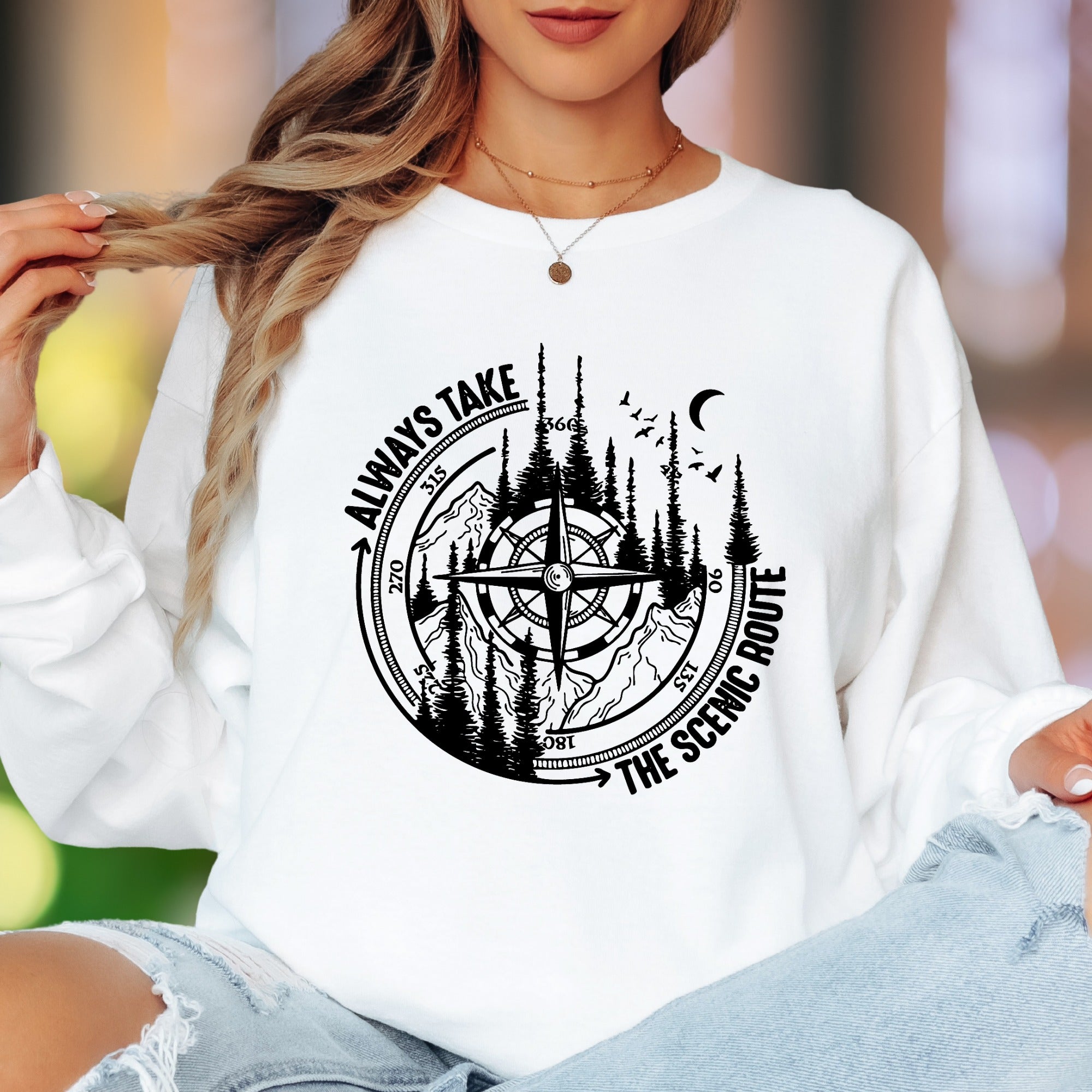 "Always Take The Scenic Route" | Nature Compass Unisex Adult Long Sleeve T-Shirt | Outdoor Lifestyle