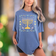 Floral Menorah | Comfort Colors Unisex Adult T-Shirt | Festive Holiday Style