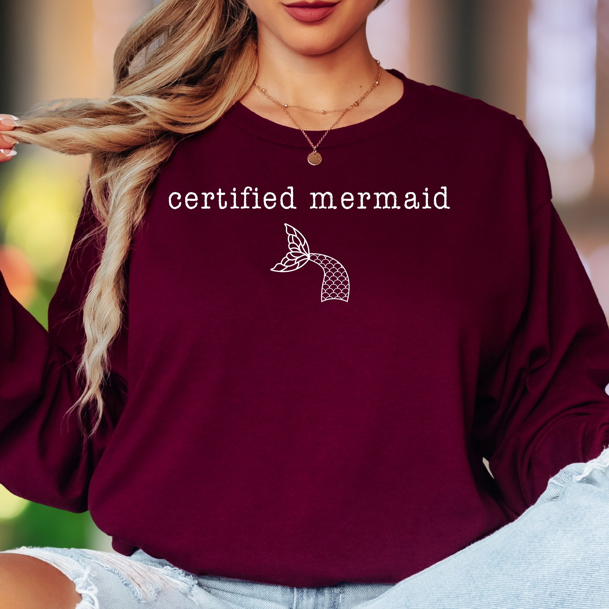 "Certified Mermaid" | Minimalist Typography Unisex Adult Long Sleeve T-Shirt | Playful Lifestyle