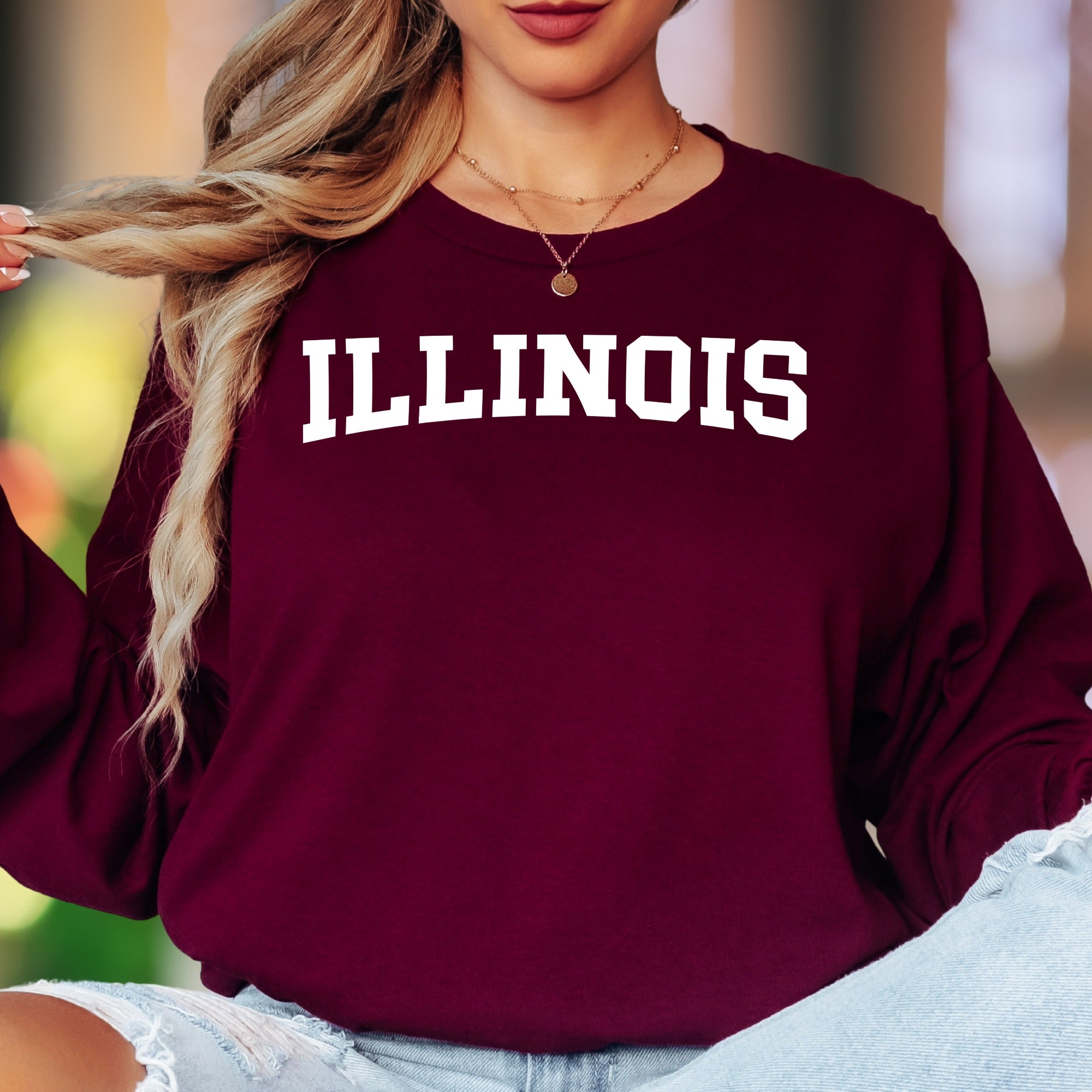 "ILLINOIS" | Collegiate Bold Typography Unisex Adult Long Sleeve T-Shirt | State Pride Lifestyle