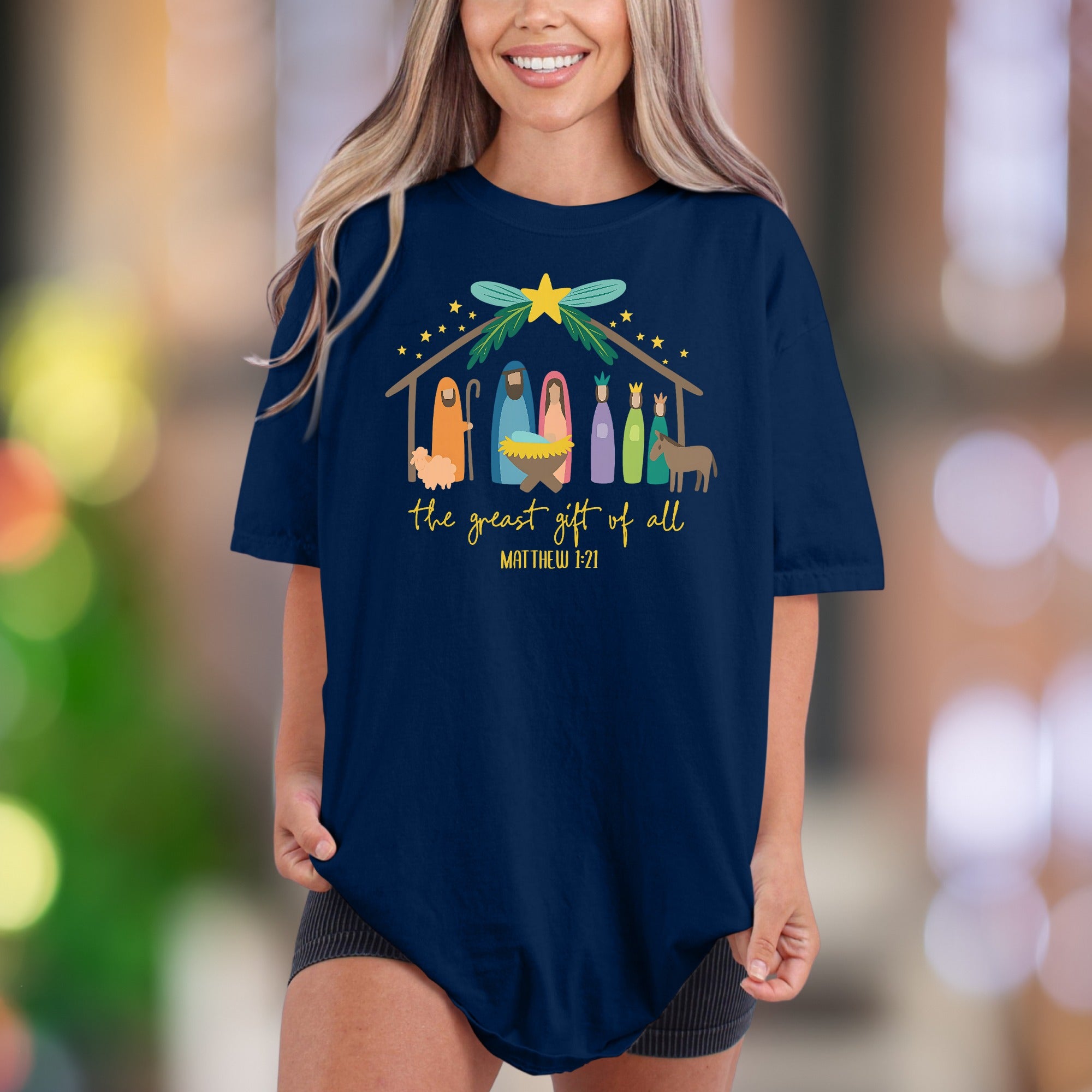 "the greast gift of all MATTHEW 1-21" | Comfort Colors Unisex Adult T-Shirt | Nativity Scene Graphic Tee