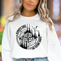 "ALWAYS TAKE THE SCENIC ROUTE" | Nature Compass Unisex Adult Sweatshirt | Adventurous Lifestyle