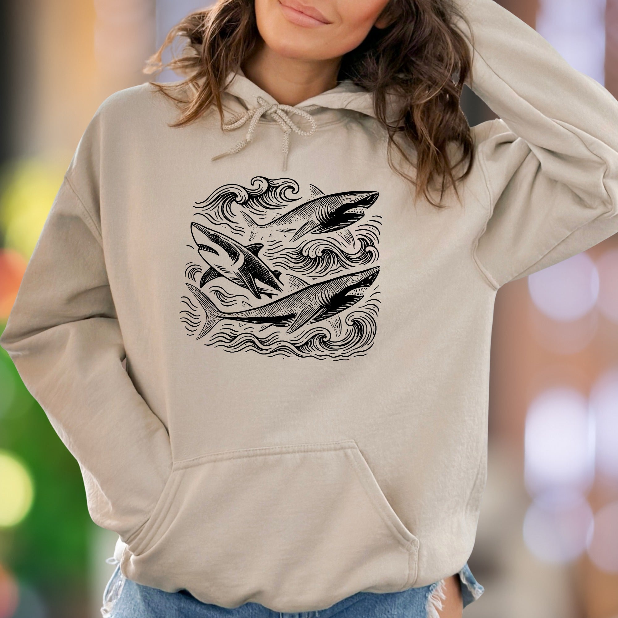"Ocean Waves & Sharks" | Hand-Drawn Graphic Unisex Adult Hoodie | Nature Outdoor Lifestyle