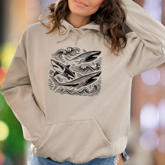 "Ocean Waves & Sharks" | Hand-Drawn Graphic Unisex Adult Hoodie | Nature Outdoor Lifestyle