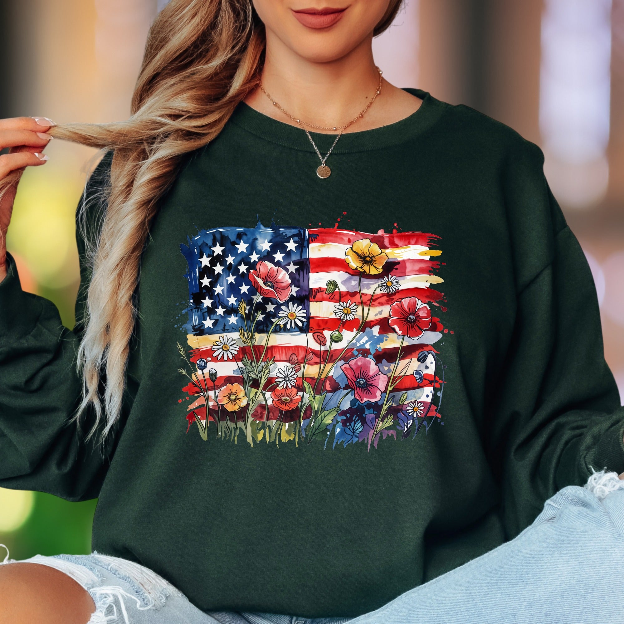 "Abstract Floral Flag" | Watercolor Nature Unisex Adult Long Sleeve T-Shirt | Patriotic Lifestyle