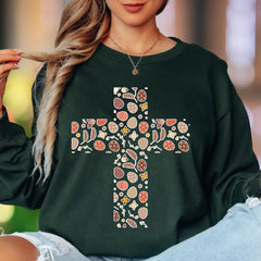 Easter Floral Egg Cross Long Sleeve Tee - Christian Spring Faith Adult Unisex T-Shirt