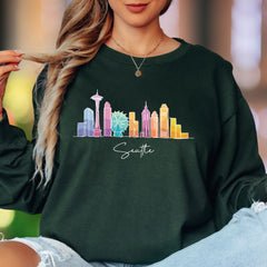 "Seattle" | Minimal Skyline Unisex Adult Long Sleeve T-Shirt | Colorful Cityscape
