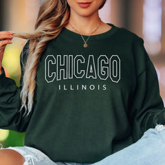 "CHICAGO ILLINOIS" | Retro College Typography Unisex Adult Long Sleeve T-Shirt | City Lifestyle Apparel