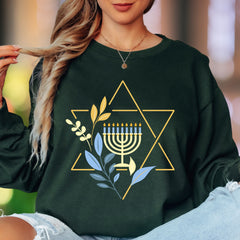 "Menorah & Star of David" | Floral Hanukkah Unisex Adult Long Sleeve T-Shirt | Festive Heritage