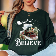 "Believe" | Christmas Train Illustration Unisex Adult Long Sleeve T-Shirt | Festive Holiday Wear