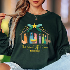 "The Greatest Gift Of All Matthew 1:21" | Nativity Scene Unisex Adult Long Sleeve T-Shirt | Festive Lifestyle