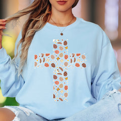 Easter Floral Egg Cross Long Sleeve Tee - Christian Spring Faith Adult Unisex T-Shirt