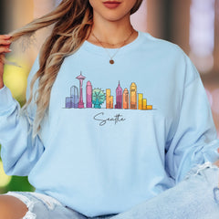 "Seattle" | Minimal Skyline Unisex Adult Long Sleeve T-Shirt | Colorful Cityscape