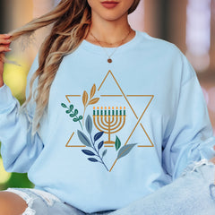 "Menorah & Star of David" | Floral Hanukkah Unisex Adult Long Sleeve T-Shirt | Festive Heritage