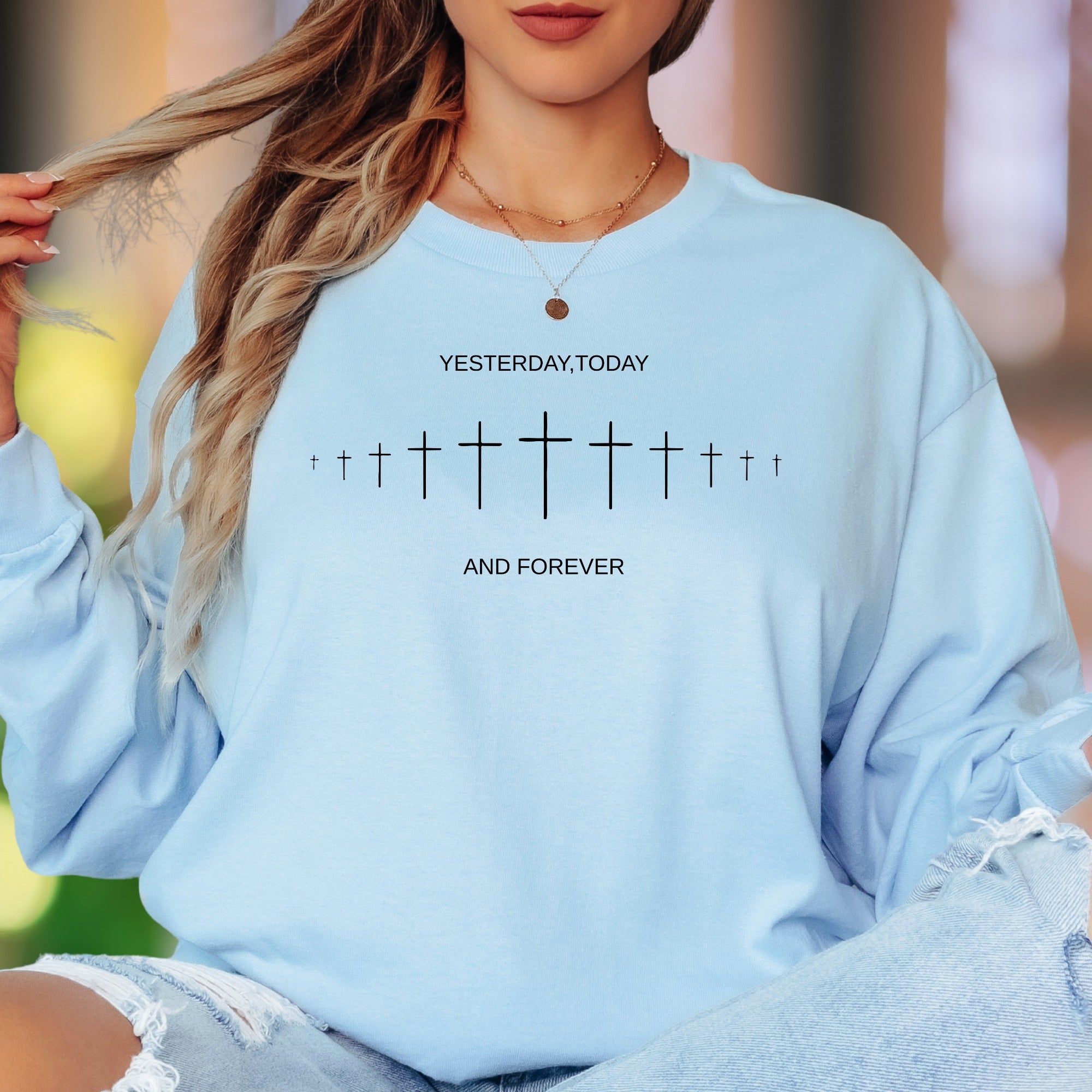 "Yesterday, Today And Forever" | Minimalist Crosses Unisex Adult Long Sleeve T-Shirt | Faith-Inspired Lifestyle