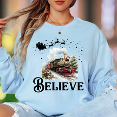 "Believe" | Christmas Train Illustration Unisex Adult Long Sleeve T-Shirt | Festive Holiday Wear