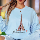 "Bonjour Eiffel Tower" | Parisian Sketch Unisex Adult Long Sleeve T-Shirt | Romantic Travel Lifestyle