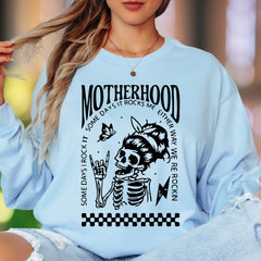 "Motherhood - Some Days I Rock It, Either Way We're Rockin'" | Illustrated Skull Unisex Adult Long Sleeve T-Shirt | Edgy Mom Life