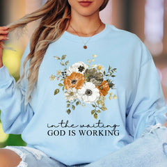 "In The Waiting, God Is Working" | Floral Typography Unisex Adult Long Sleeve T-Shirt | Inspirational Faithwear