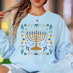 Minimalist Menorah | Floral Folk Art Unisex Adult Long Sleeve T-Shirt | Festive Lifestyle