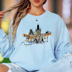 "Prague" | Sketch Art Cityscape Unisex Adult Long Sleeve T-Shirt | Travel & Culture Lifestyle