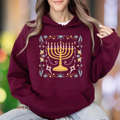 "Hanukkah Floral Menorah" | Folk Art Graphic Unisex Adult Hoodie | Festive Lifestyle