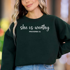 "She Is Worthy - Proverbs 31" | Script Typography Unisex Adult Sweatshirt | Inspirational Lifestyle