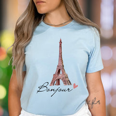 "Bonjour" | Watercolor Eiffel Tower Unisex Adult T-Shirt | Parisian Chic Lifestyle