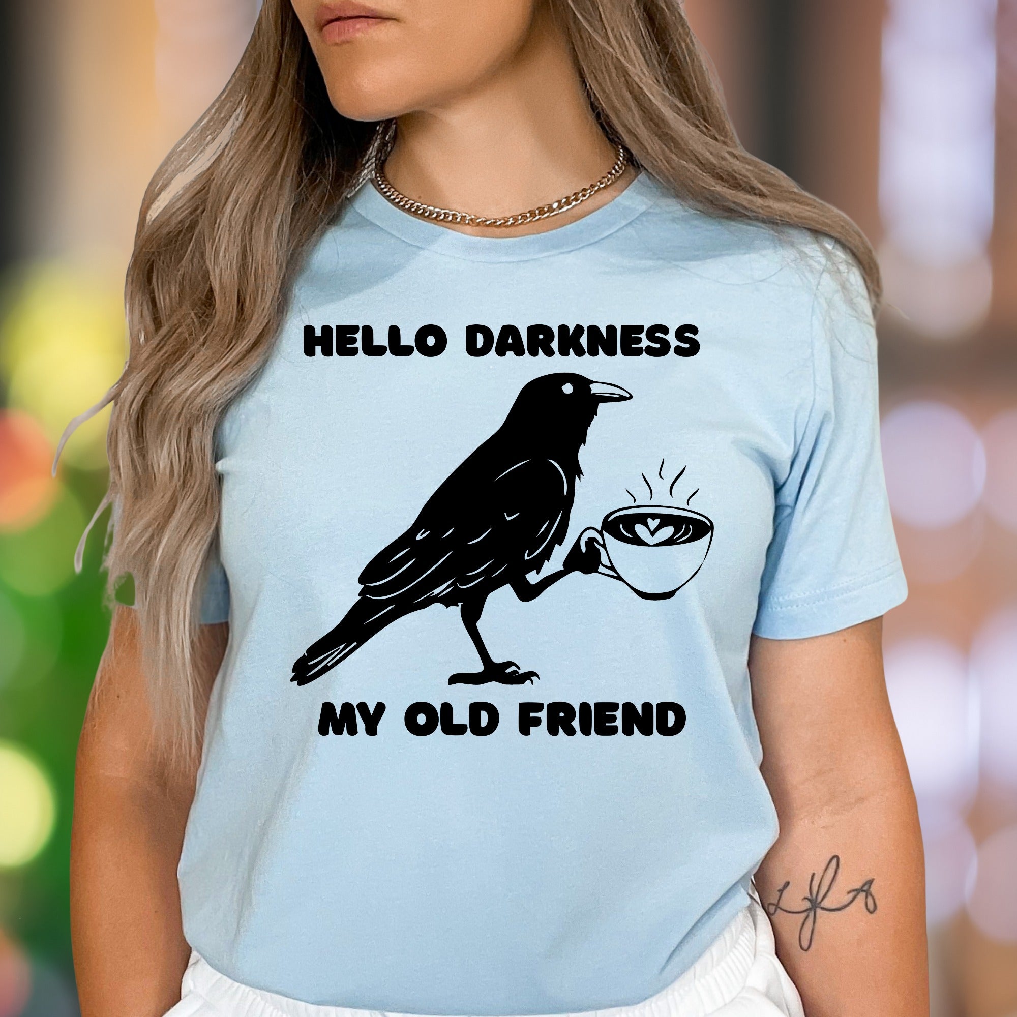 "Hello Darkness My Old Friend" | Funny Crow Coffee Unisex Adult T-Shirt | Sarcastic Lifestyle