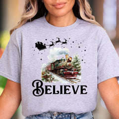 "Believe" | Festive Christmas Train Unisex Adult T-Shirt | Holiday Lifestyle
