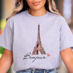 "Bonjour" | Watercolor Eiffel Tower Unisex Adult T-Shirt | Parisian Chic Lifestyle