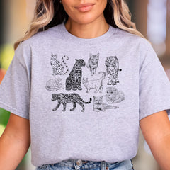 "Big Cats & Domestic Kitties" | Vintage Sketch Unisex Adult T-Shirt | Feline Lover Apparel