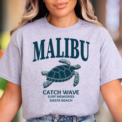 "MALIBU Catch Wave Surf Memories Siesta Beach" | Retro Island Graphic Unisex Adult T-Shirt | Beach Lifestyle