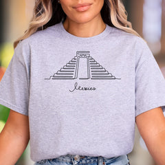 "Mexico" | Minimal Outline Aztec Pyramid Unisex Adult T-Shirt | Travel & Culture Lifestyle
