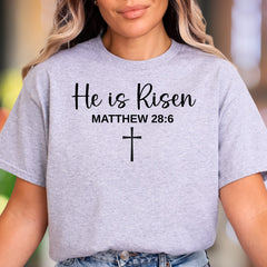 "He is Risen Matthew 28:6" | Modern Script Graphic Unisex Adult T-Shirt | Faith-Inspired Apparel
