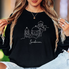 "Santorini" | Minimal Line Art Unisex Adult Long Sleeve T-Shirt | Travel & Lifestyle