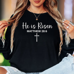 "He is Risen Matthew 28:6" | Modern Typography Unisex Adult Long Sleeve T-Shirt | Faith-Inspired Lifestyle