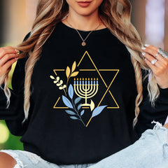"Menorah & Star of David" | Floral Hanukkah Unisex Adult Long Sleeve T-Shirt | Festive Heritage